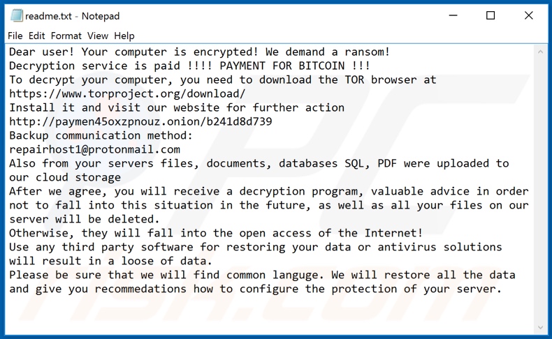 Instrucciones de desencriptamiento de Paymen45 (readme.txt)