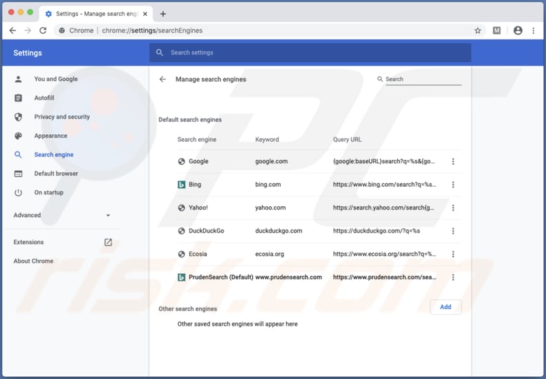 Prudensearch.com asignado como motor de búsqueda predeterminado en la configuración de Chrome