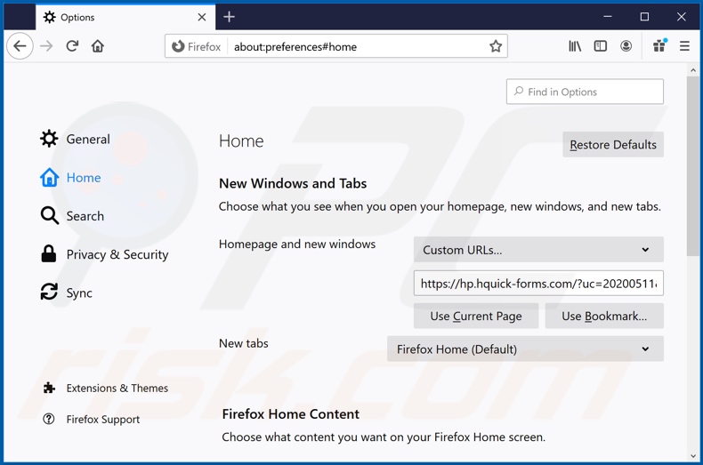 Eliminando hquick-forms.com de la página de inicio de Mozilla Firefox