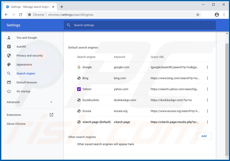 Eliminando s3arch.page del motor de búsqueda predeterminado de Google Chrome