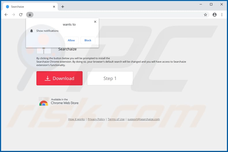 Sitio web utilizado para promover el secuestrador de navegador Searchaize