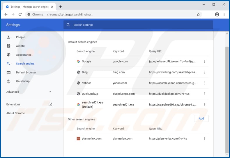 Eliminando searchred01.xyz del motor de búsqueda predeterminado de Google Chrome