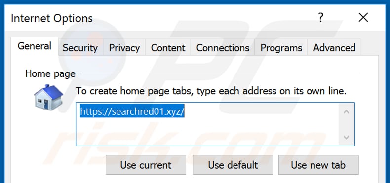 Eliminando searchred01.xyz de la página de inicio de Internet Explorer