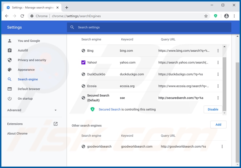 Eliminando securedserch.com del motor de búsqueda predeterminado de Google Chrome