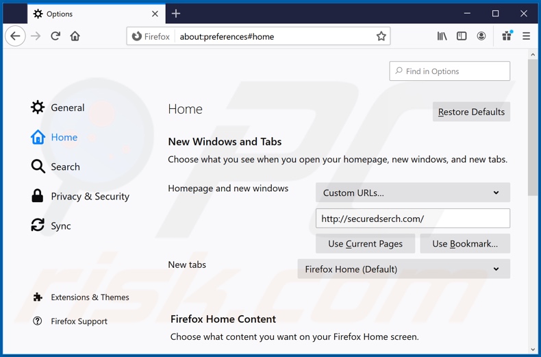 Eliminando securedserch.com de la página de inicio de Mozilla Firefox