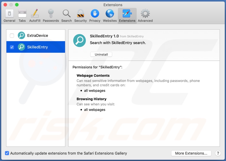 Adware SkilledEntry instalado en Safari