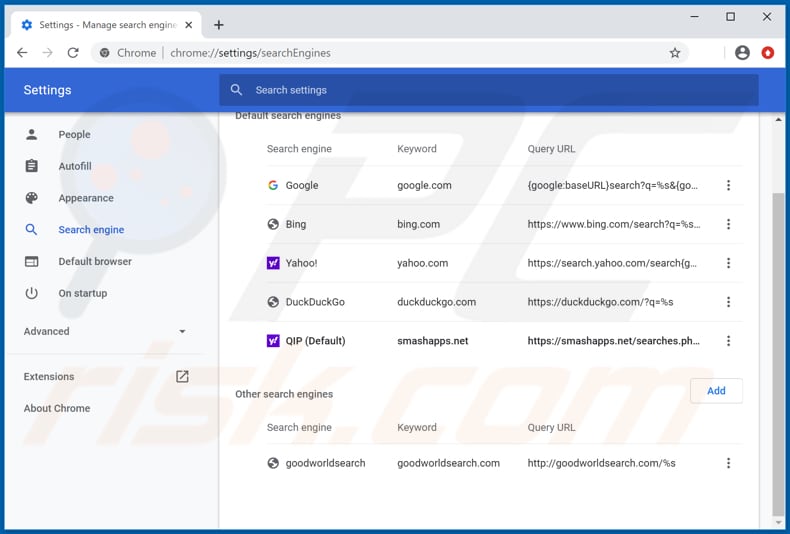 Eliminando smashapps.net del motor de búsqueda predeterminado de Google Chrome