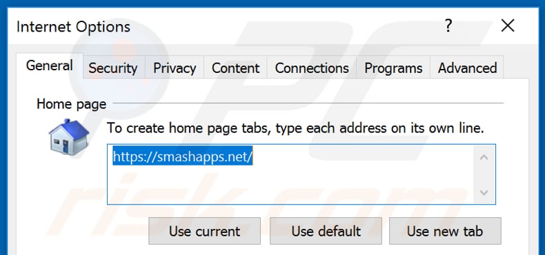 Eliminando smashapps.net de la página de inicio de Internet Explorer