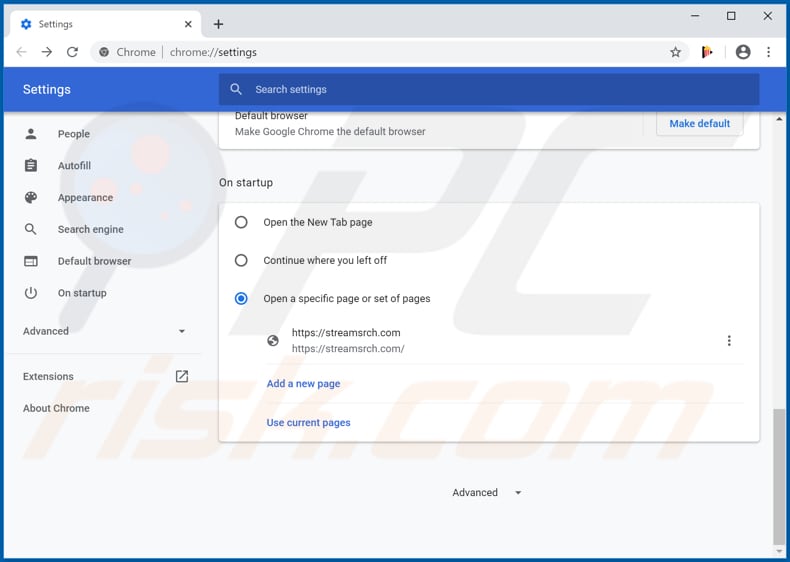 Eliminando streamsrch.com de la página de inicio de Google Chrome