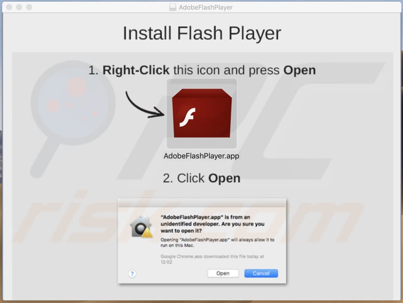 Instalador falso de Adobe Flash Player, primer paso de instalación