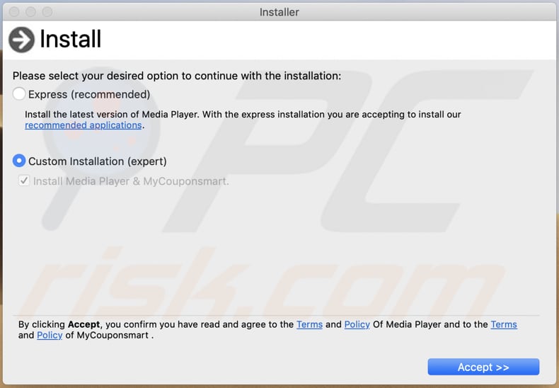 Instalador falso de Adobe Flash Player, segundo paso de instalación