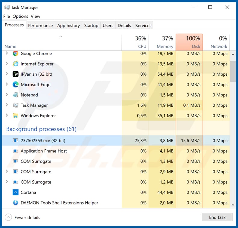 Proceso malicioso de Avvadon 237502353.exe en el Administrador de Tareas