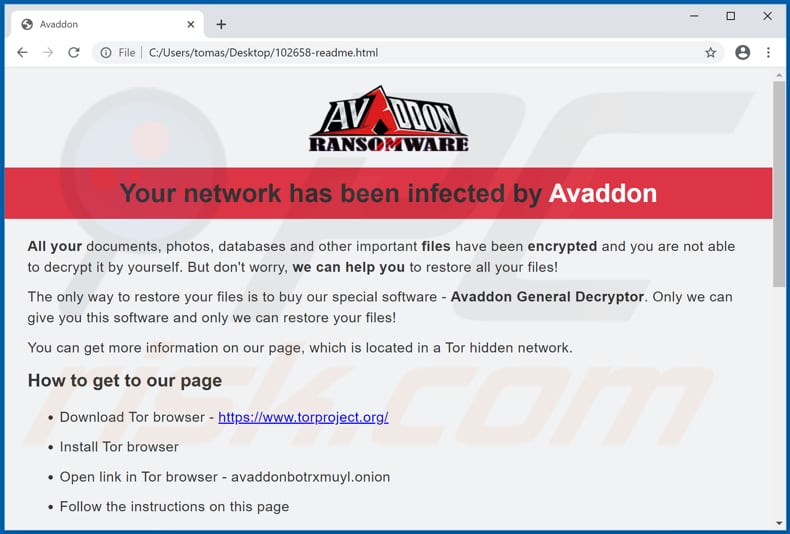 Instrucciones de desencriptado de Avaddon (readme.html)