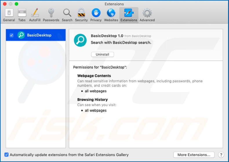 Adware BasicDesktop instalado en Safari