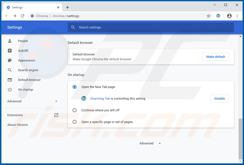 Eliminando charming-tab.com de la página de inicio de Google Chrome