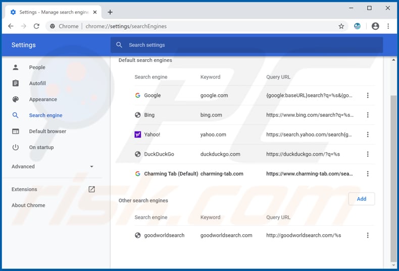 Eliminando charming-tab.com del motor de búsqueda predeterminado de Google Chrome