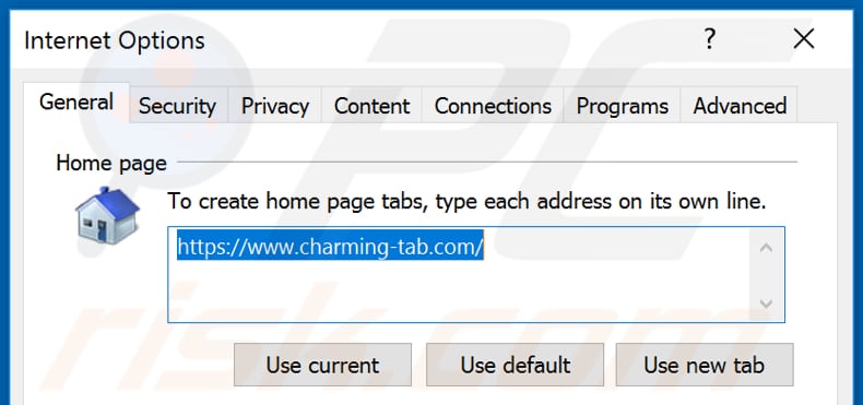 Eliminando charming-tab.com de la página de inicio de Internet Explorer