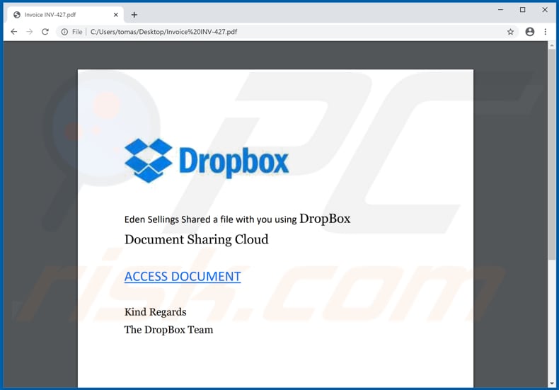El documento PDF de estafa por email de Dropbox que lleva a Dropbox