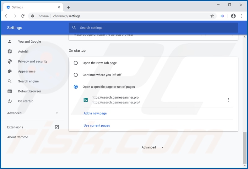 Eliminando search.gamesearcher.pro de la página de inicio de Google Chrome
