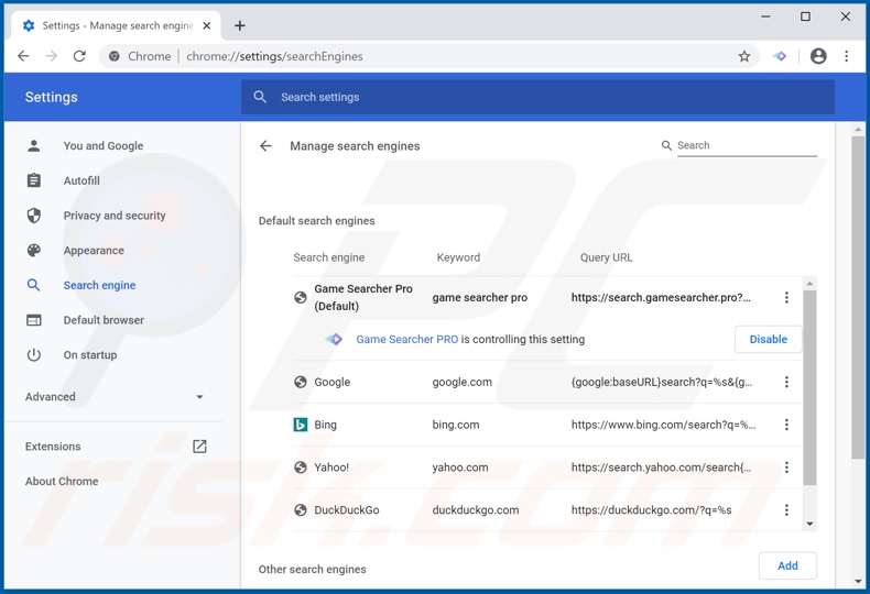 Eliminando search.gamesearcher.pro del motor de búsqueda predeterminado de Google Chrome