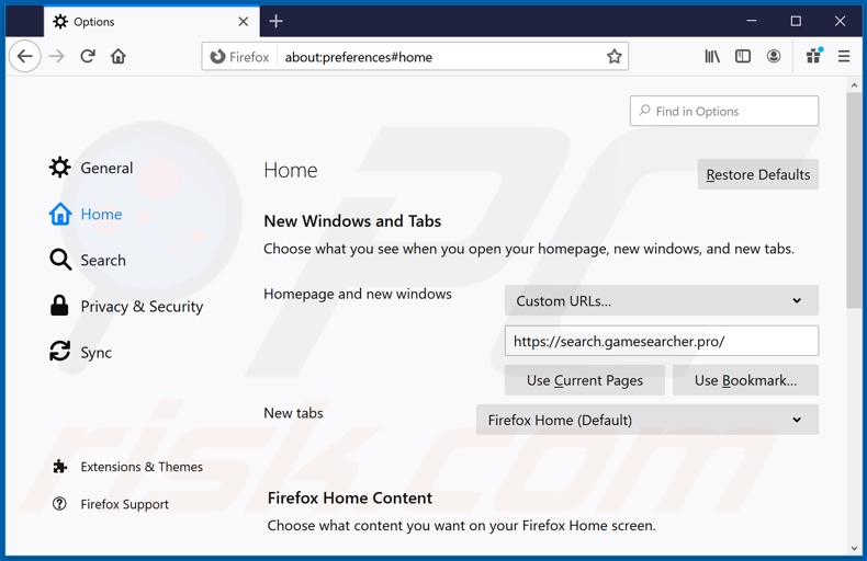 Eliminando search.gamesearcher.pro de la página de inicio de Mozilla Firefox