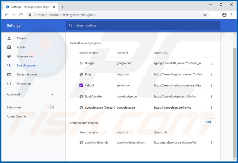 Eliminando gooogle.page del motor de búsqueda predeterminado de Google Chrome