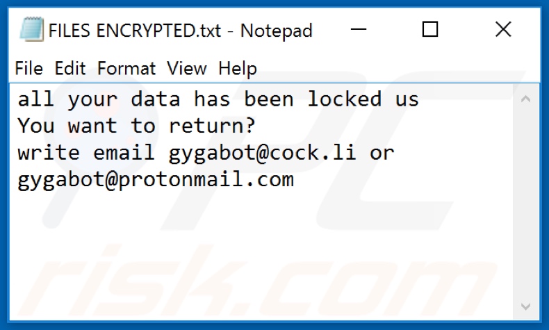 Archivo de texto del ransomware Gyga (FILES ENCRYPTED.txt)