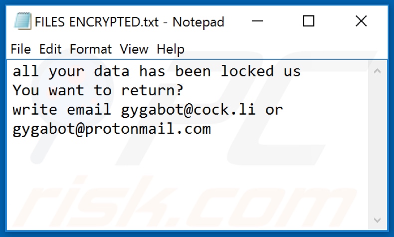 Archivo de texto del ransomware Gyga (FILES ENCRYPTED.txt)