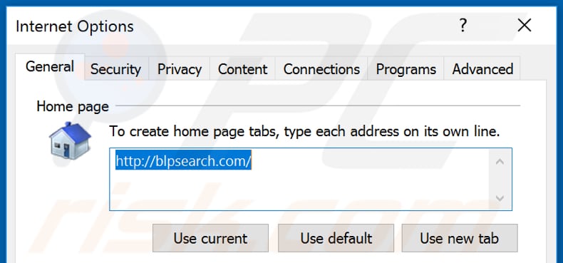 Eliminando blpsearch.com de la página de inicio de Internet Explorer