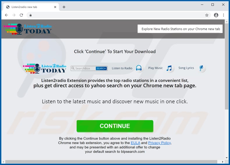 Sitio web utilizado para promover el secuestrador de navegadores ListenToRadio