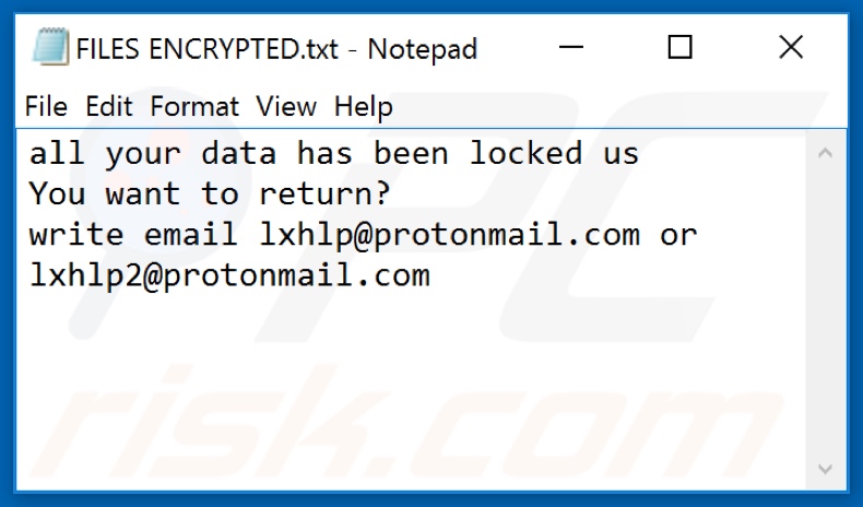 Archivo de texto del ransomware Lxhlp (FILES ENCRYPTED.txt)