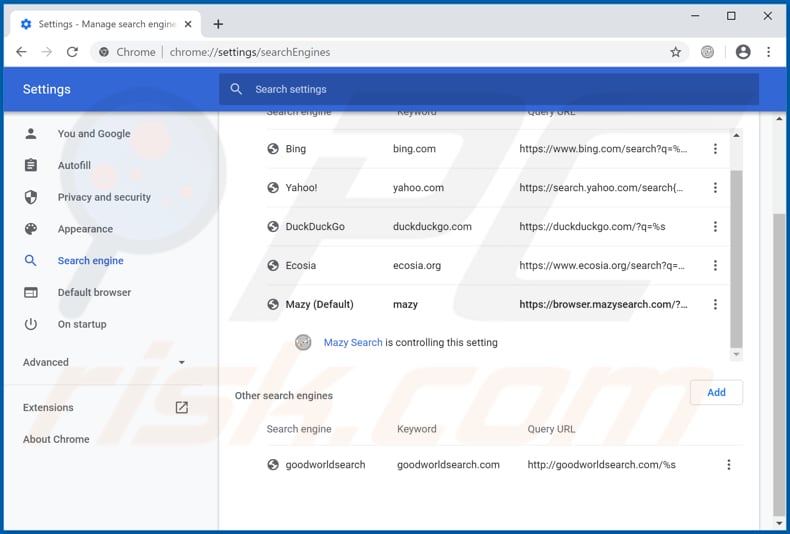 Eliminando browser.mazysearch.com del motor de búsqueda predeterminado de Google Chrome
