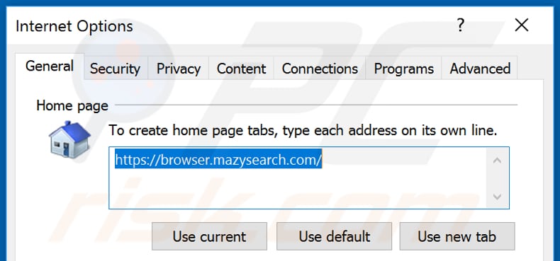 Eliminando browser.mazysearch.com de la página de inicio de Internet Explorer