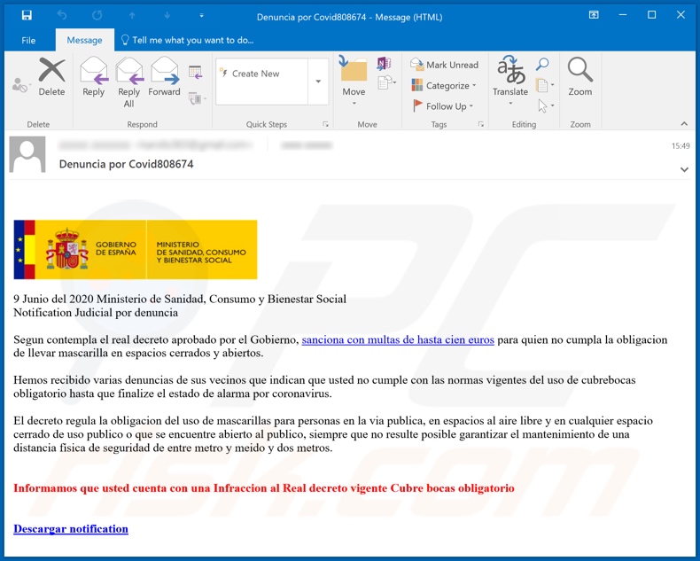 Email de difusión del troyano estafa Mekotio 