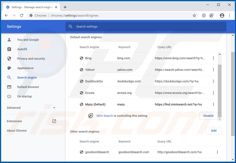 Eliminando find.mintsearch.net del motor de búsqueda predeterminado de Google Chrome