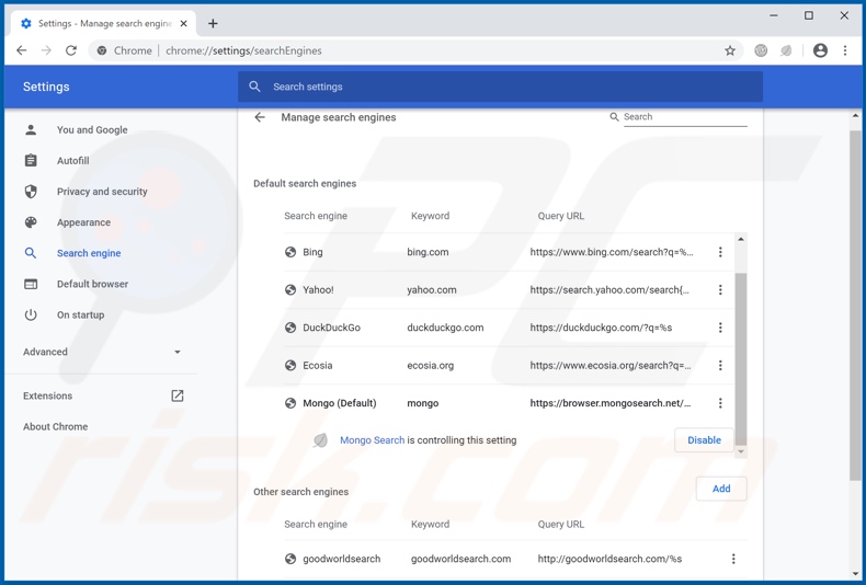 Eliminando browser.mongosearch.net del motor de búsqueda predeterminado de Google Chrome