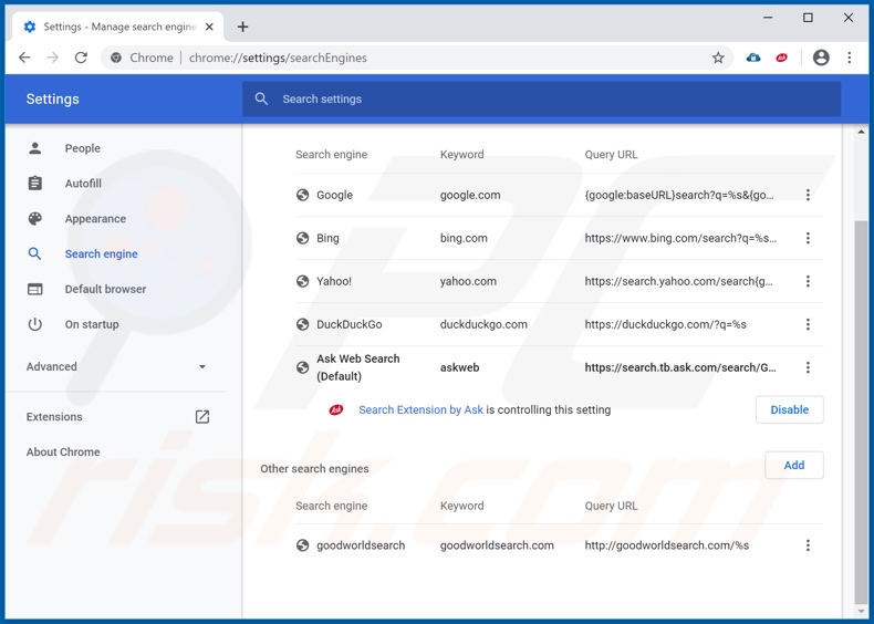 Eliminando hp.myway.com del motor de búsqueda predeterminado de Google Chrome