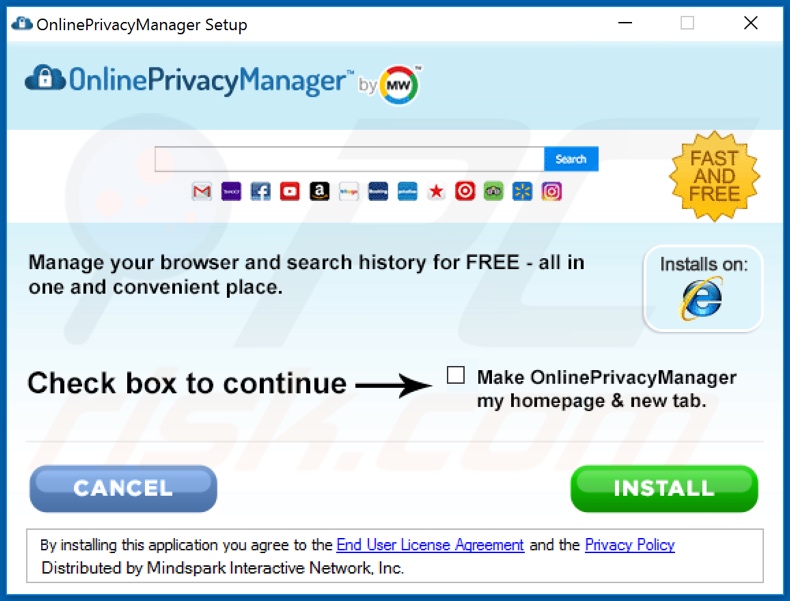 Configuración de instalación oficial del secuestrador de navegador OnlinePrivacyManager
