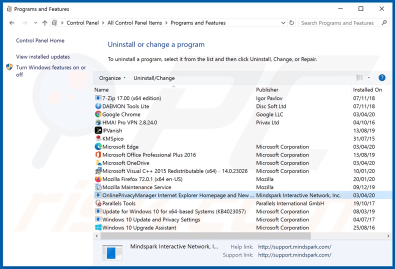 Desinstalación del secuestrador del navegador OnlinePrivacyManager a través del Panel de Control