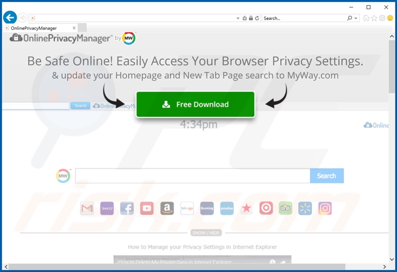 OnlinePrivacyManager promotor del secuestrador de navegadores (Internet Explorer)