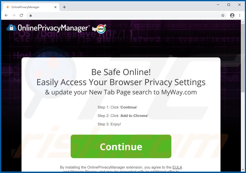 Sitio web utilizado para promover el secuestrador de navegadores OnlinePrivacyManager (Chrome)