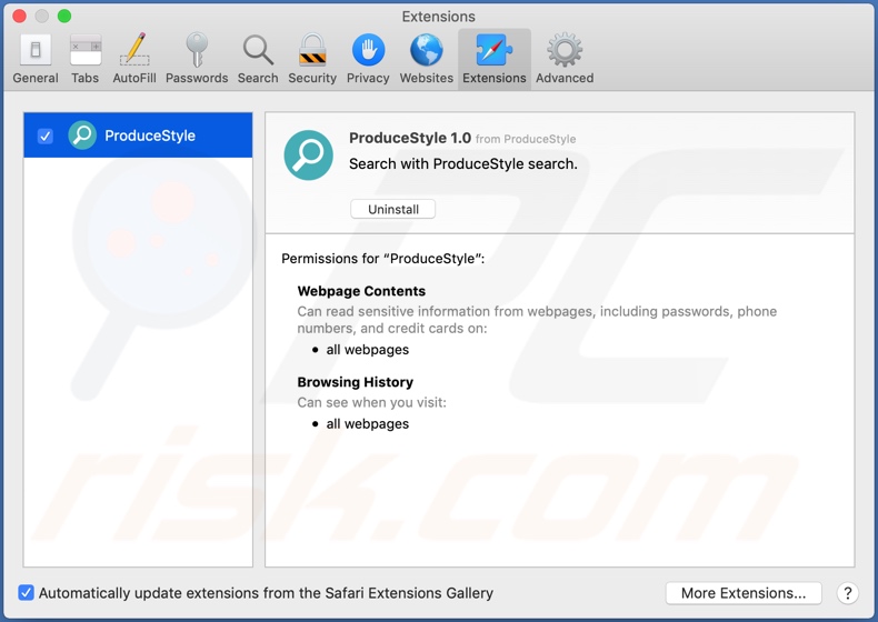 Adware ProduceStyle instalado en Safari