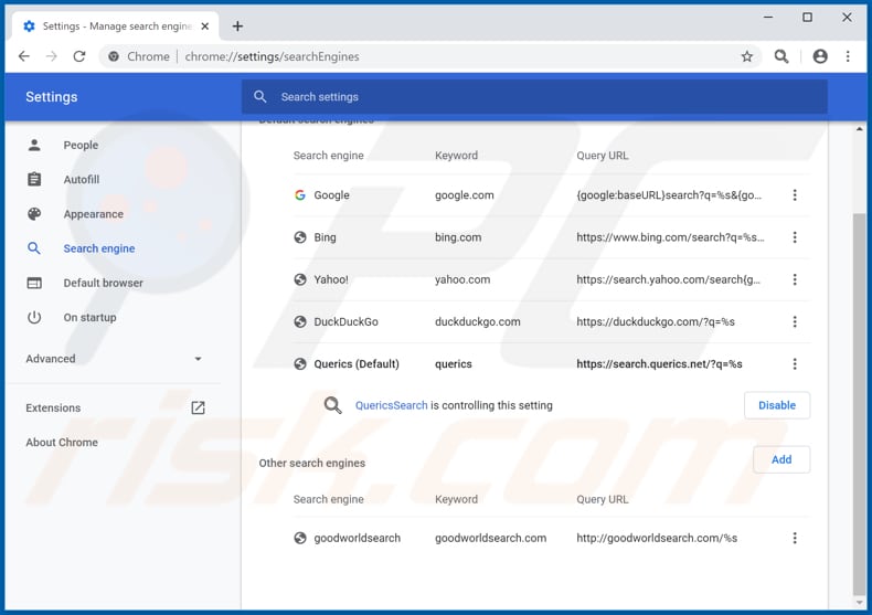 Eliminando search.querics.net del motor de búsqueda predeterminado de Google Chrome