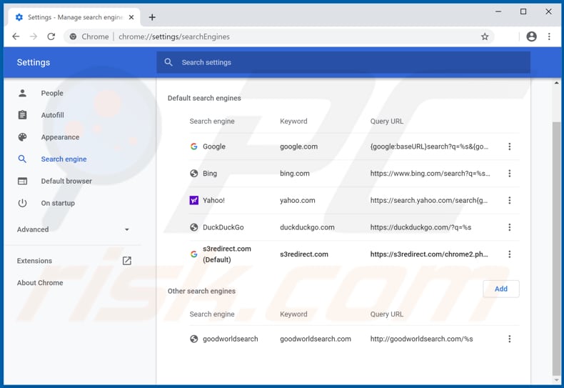 Eliminando s3redirect.com del motor de búsqueda predeterminado de Google Chrome