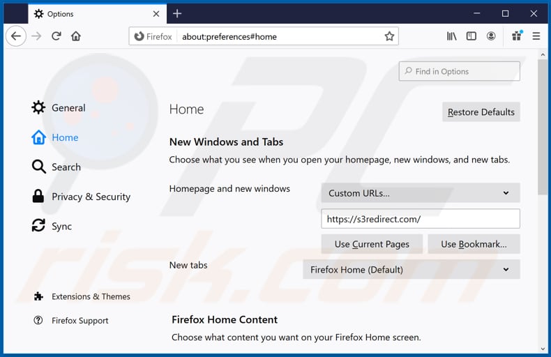 Eliminando s3redirect.com de la página de inicio de Mozilla Firefox
