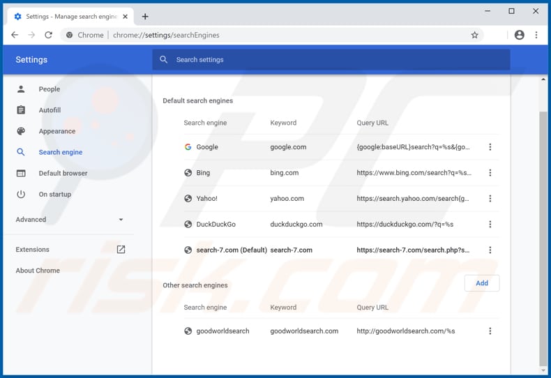 Eliminando search-7.com del motor de búsqueda predeterminado de Google Chrome