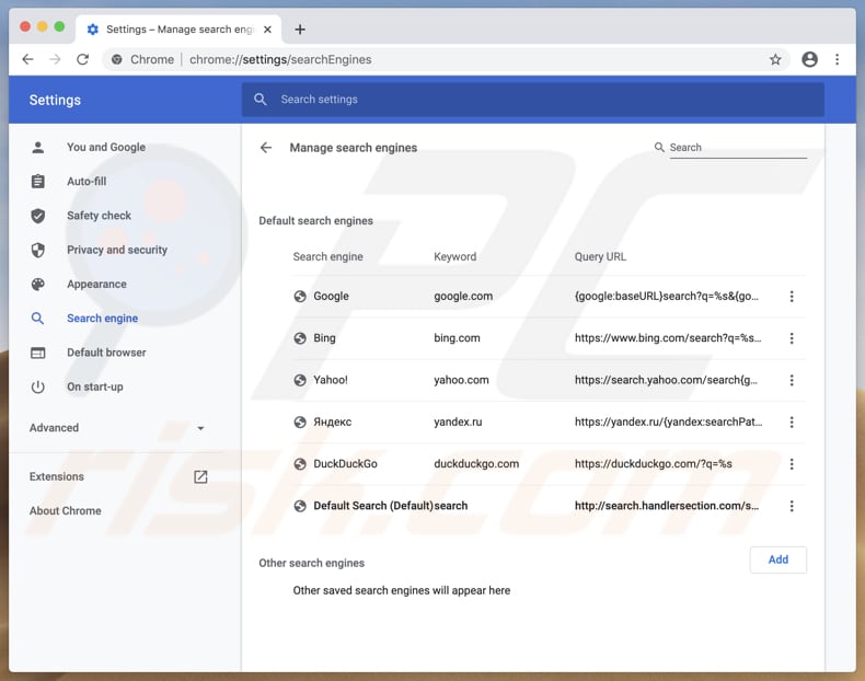 Search.handlersection.com asignado como motor de búsqueda predeterminado