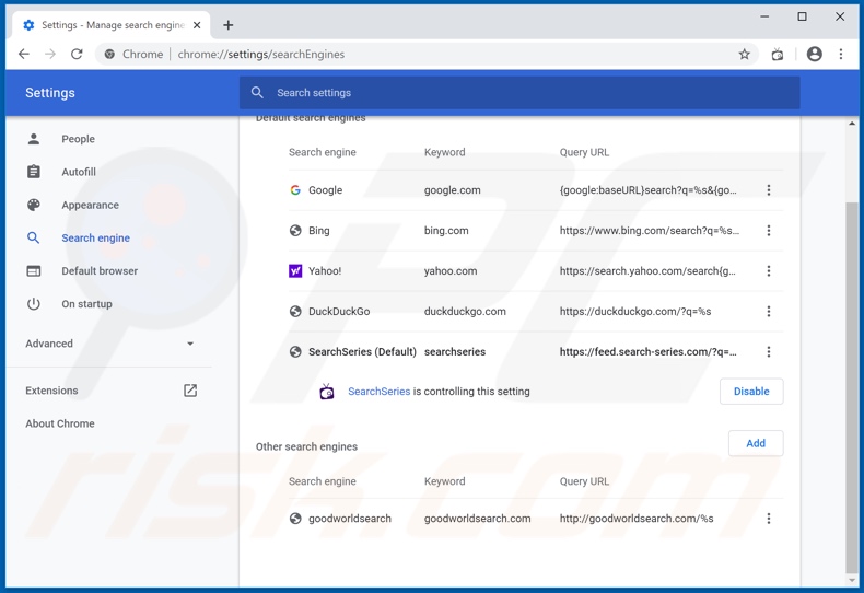 Eliminando search-series.com del motor de búsqueda predeterminado de Google Chrome