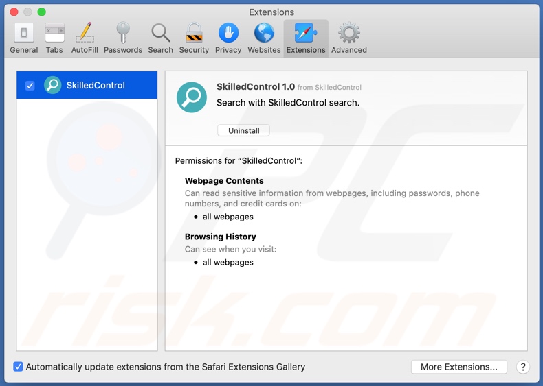 Adware SkilledControl instalado en el navegador Safari