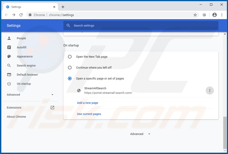 Eliminando streamall-search.com de la página de inicio de Google Chrome